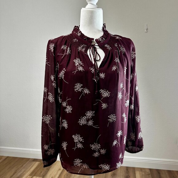 Ann Taylor Tie-Front Blouse – Burgundy with Ivory Florals | Medium Petite - Picture 1 of 9